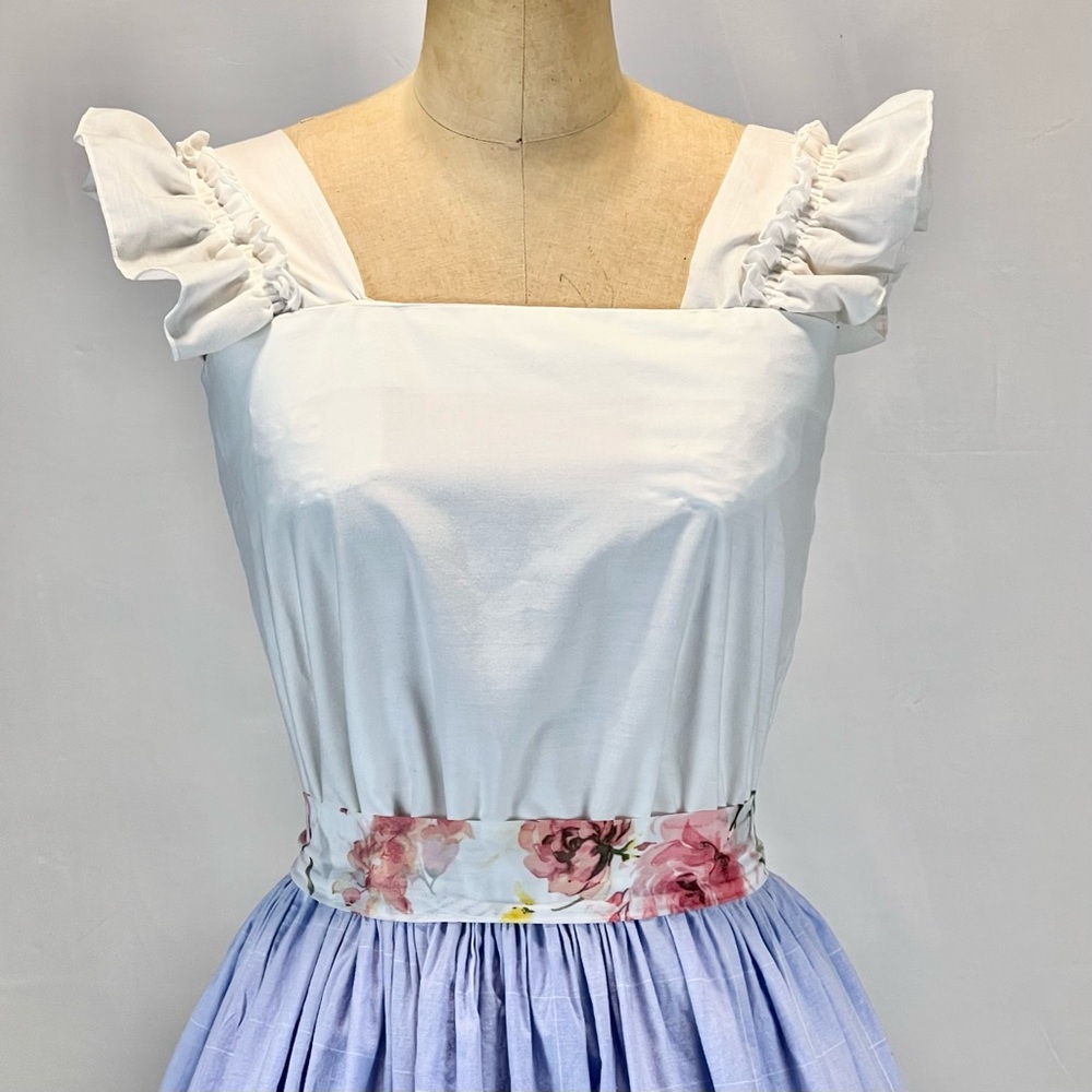 VINTAGE 80s lavender garden party dress‎ eyelet lace ruffle fit flare sleeveless - Picture 4 of 14